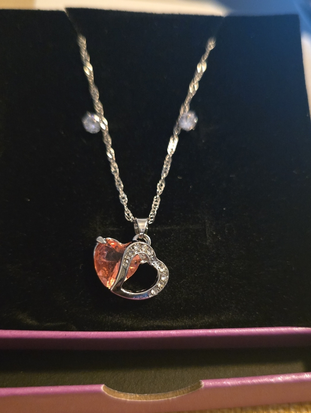 Fashion Jewelry Silver-Tone Open Heart Necklace with Orange Crystal